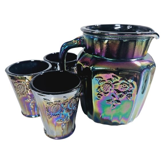 Vtg Mayfair Open Rose Pitcher Amethyst Carnival Glass & 3 Drinking Cups Set - Picture 12 of 16